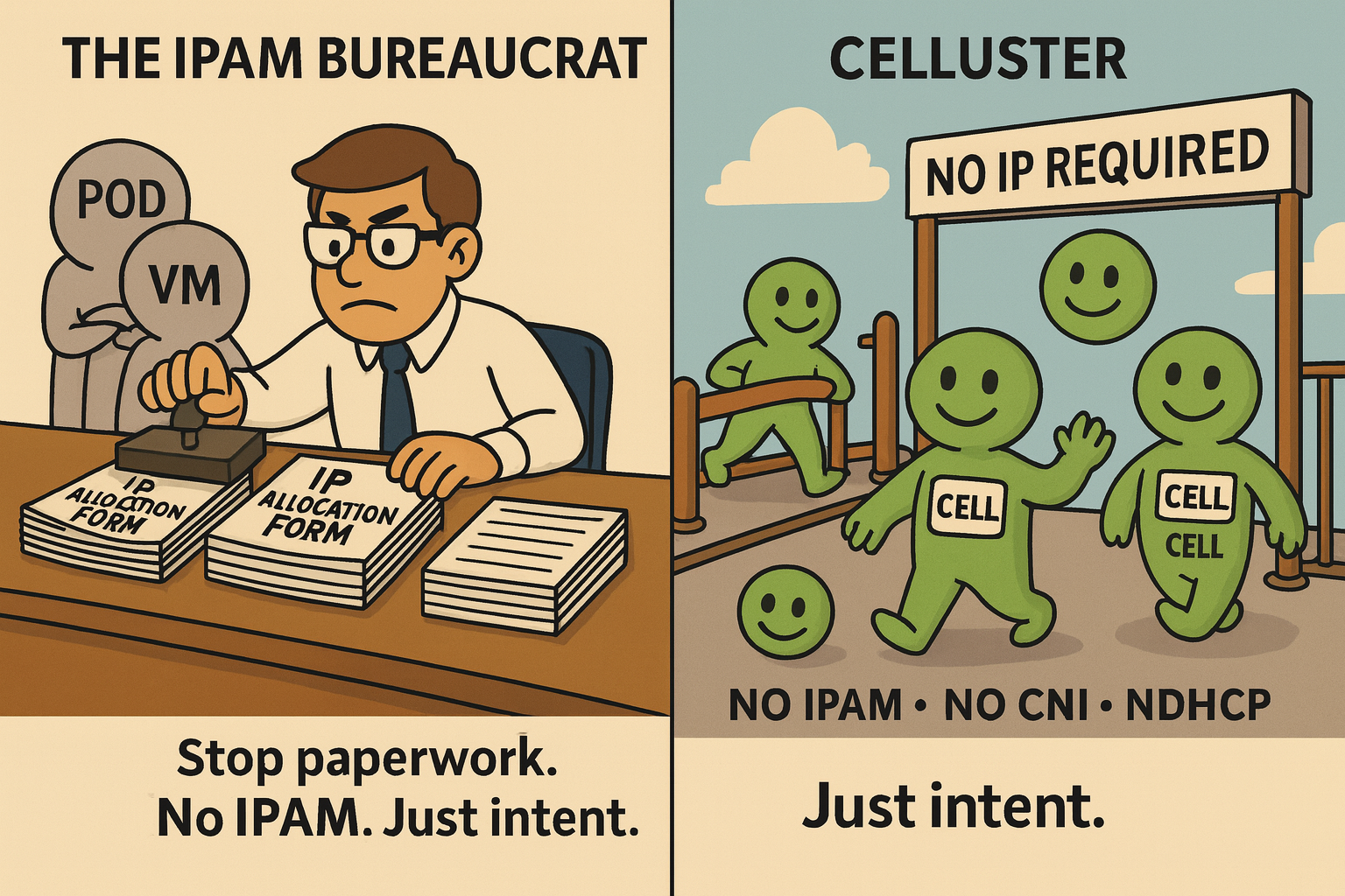 Cartoon of an IPAM bureaucrat stamping forms versus happy intent-only Cells walking through a gate.
