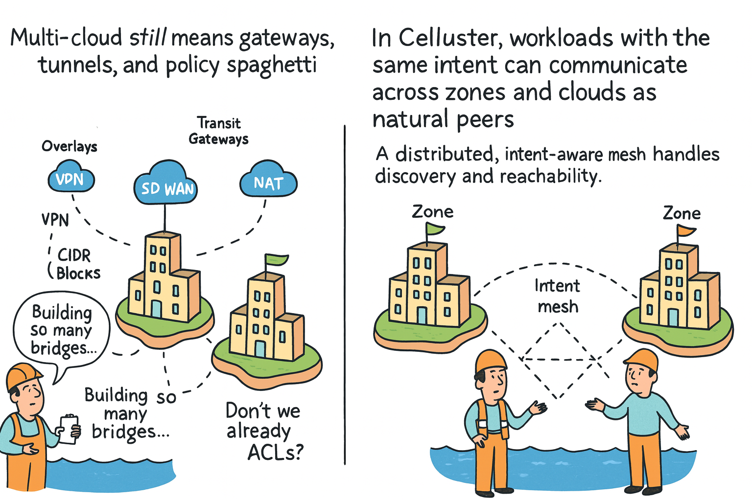 Cartoon comparing today’s multi-cloud with gateways and tunnels to Celluster’s intent-aware inter-zone mesh.