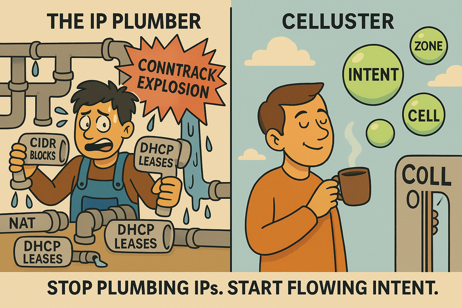 Cartoon of a frazzled IP plumber juggling CIDR blocks and pipes versus calm intent-driven Cells.