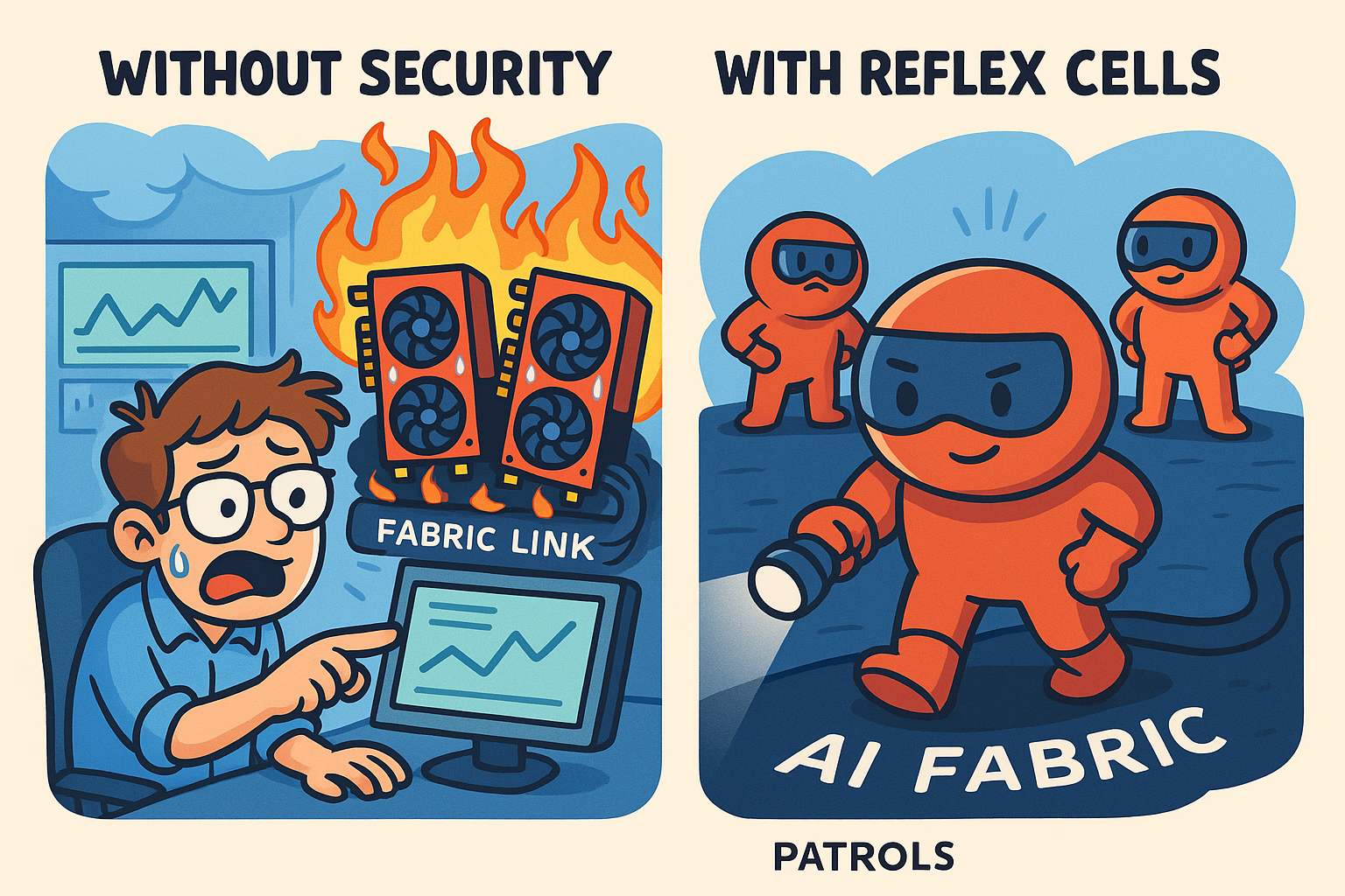 Close-up cartoon of GPUs and fabric links under attack on the left, and Reflex Cells enforcing limits on the right.