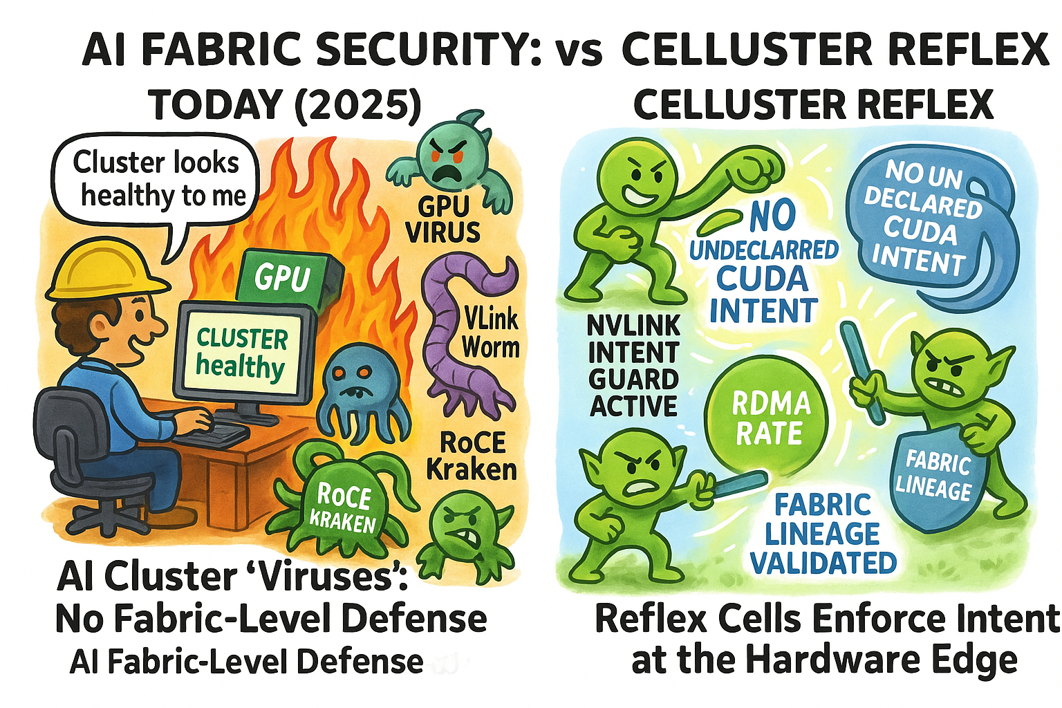 Cartoon comparing today’s AI fabric on fire with Celluster Reflex Cells acting as an immune system around GPUs, NVLink and RoCE.