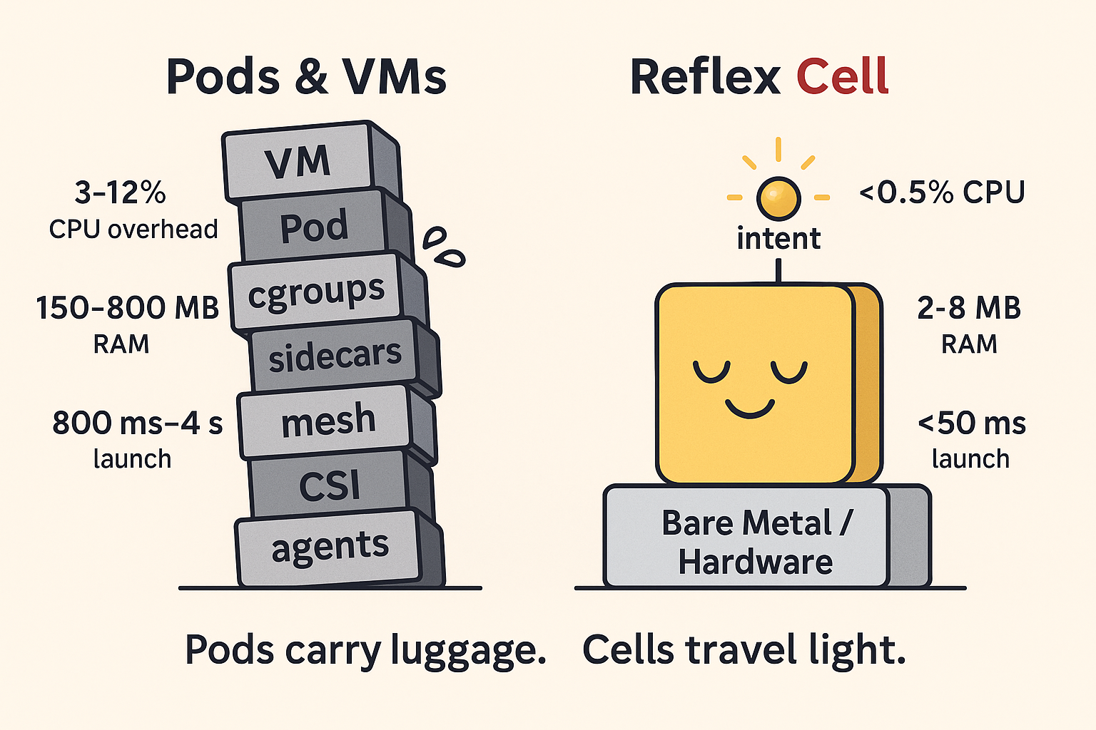Cartoon comparison of Reflex Cell vs traditional Pod/VM stack